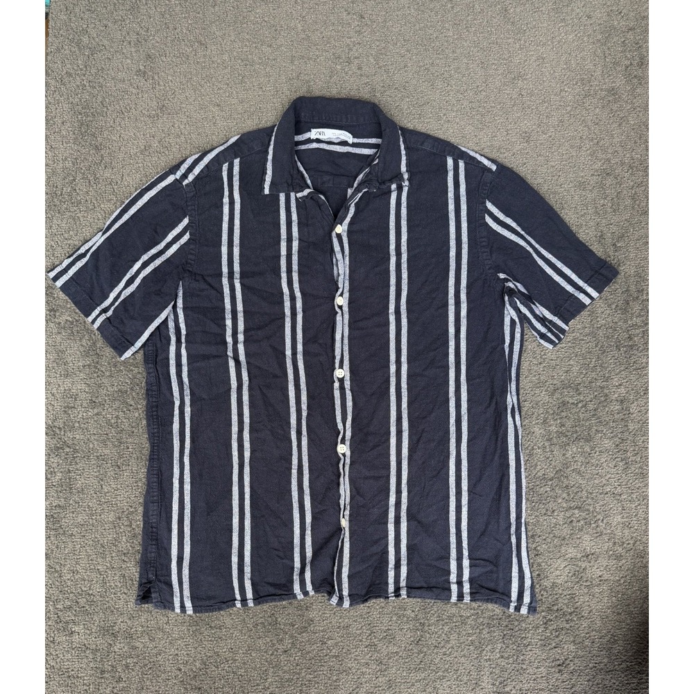 Zara Mens Linen Blend Striped Short Sleeve Camp Collar Shirt Navy Blue Size L